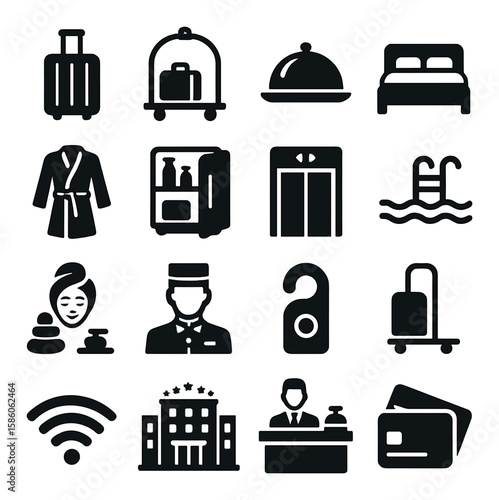Suitcase, bellhop trolley, room service tray, bed, bathrobe, minibar, elevator, swimming pool, spa, concierge, do not disturb sign, luggage cart, wifi symbol, hotel