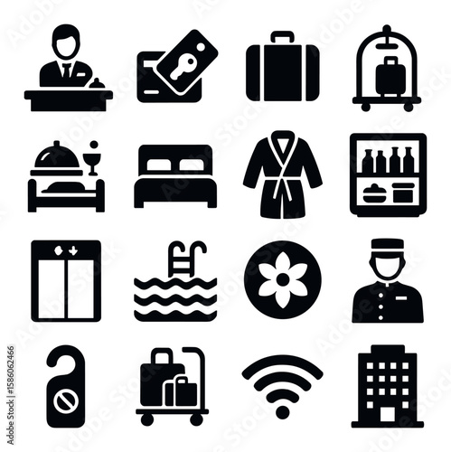 Reception desk, key card, suitcase, bellhop trolley, room service tray, bed, bathrobe, minibar, elevator, swimming pool, spa, concierge, do not disturb sign, luggage