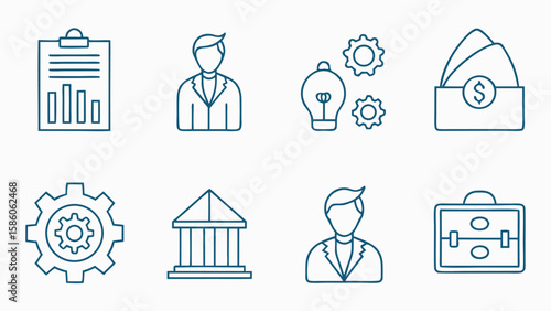 Business icons including graph clipboard man lightbulb gears money briefcase building vector