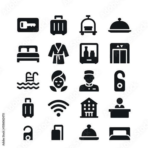 Key card, suitcase, bellhop trolley, room service tray, bed, bathrobe, minibar, elevator, swimming pool, spa, concierge, do not disturb sign, luggage cart, wifi symbol