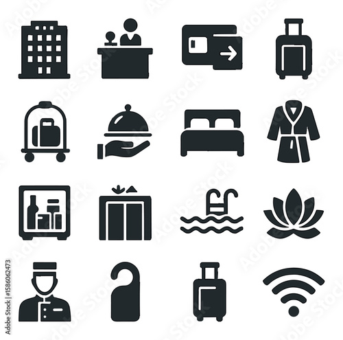 Hotel building, reception desk, key card, suitcase, bellhop trolley, room service tray, bed, bathrobe, minibar, elevator, swimming pool, spa, concierge, do not disturb