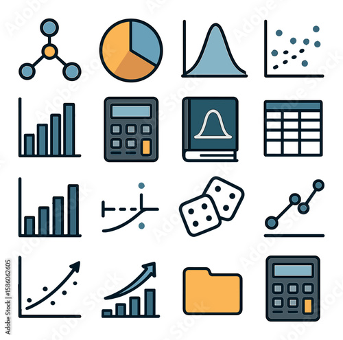 Graph, gear, bar chart, data flow, computer chip, mining cart, pickaxe, shovel, mining helmet, data cluster, magnifying glass, database, network nodes, treasure chest