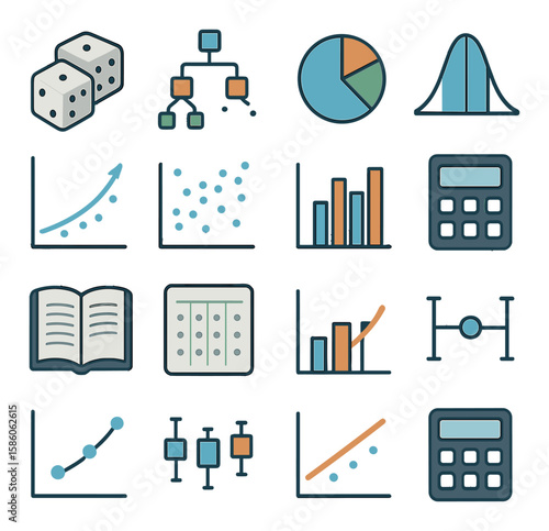 Dice, probability tree, pie chart, bell curve, regression curve, scatter plot, histogram, calculator, statistics book, sample data, bar chart, confidence interval, data