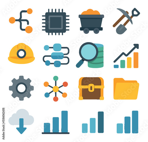 Data flow, computer chip, mining cart, pickaxe, shovel, mining helmet, data cluster, magnifying glass, database, graph, gear, network nodes, treasure chest, file folder