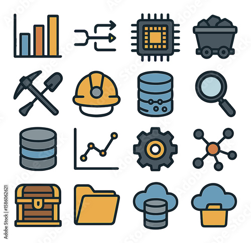 Bar chart, data flow, computer chip, mining cart, pickaxe, shovel, mining helmet, data cluster, magnifying glass, database, graph, gear, network nodes, treasure chest