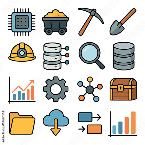 Computer chip, mining cart, pickaxe, shovel, mining helmet, data cluster, magnifying glass, database, graph, gear, network nodes, treasure chest, file folder, cloud