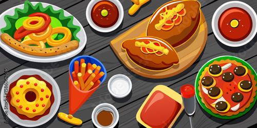 A delightful illustration of Easter eggs alongside a delicious cartoon pizza with pepperoni and mozzarella cheese