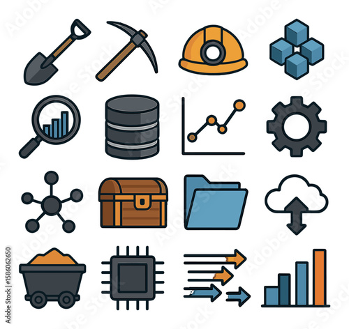 Shovel, pickaxe, mining helmet, data cluster, magnifying glass, database, graph, gear, network nodes, treasure chest, file folder, cloud storage, mining cart, computer