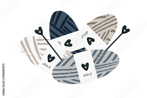 Vector illustration of ball of yarn and skein with knitting needles and hooks. Hand drawn style, cozy craft theme. Includes woolen threads, Knitting, needlework and hobby concept. Soft colors, minimal