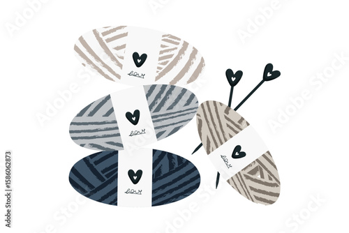Vector illustration of yarn ball and skein with knitting needles and crochet hooks. Hand drawn style, cozy craft theme. Includes wool thread, sewing accessories, and handmade elements. Concept of knit