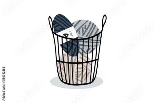 Vector illustration of yarn ball and skein with knitting needles and crochet hooks. Hand drawn style, cozy craft theme. Includes wool thread, sewing accessories, and handmade elements. Concept of knit