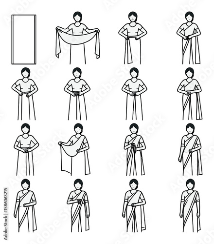 Concept. Draping steps, Saree tutorial, Fold diagram, Pinpoint pleats, Pallu style, Wrap illustration, Outfit how-to, Fashion instruction, Cultural guide, Traditional