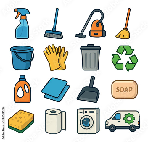 Cleaning spray bottle, mop, vacuum cleaner, broom, bucket, gloves, trash bin, recycling symbol, detergent bottle, cloth, dustpan, soap bar, sponge, paper towel, washing