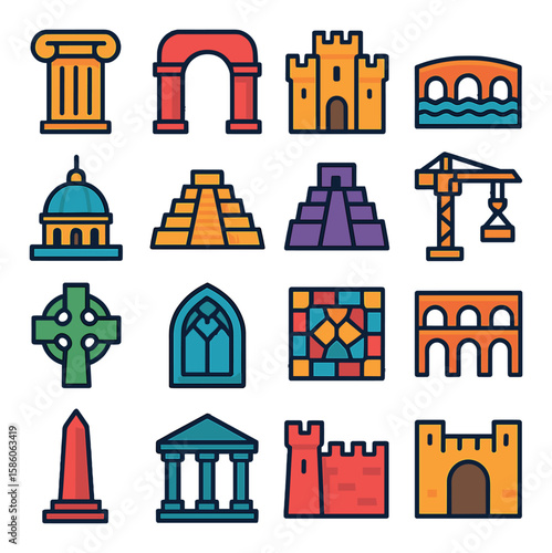 ancient architecture modern flat style.greek column,roman arch,medieval castle,stone bridge,cathedral dome,pyramid step,ziggurat,tower crane,celtic cross,gothic