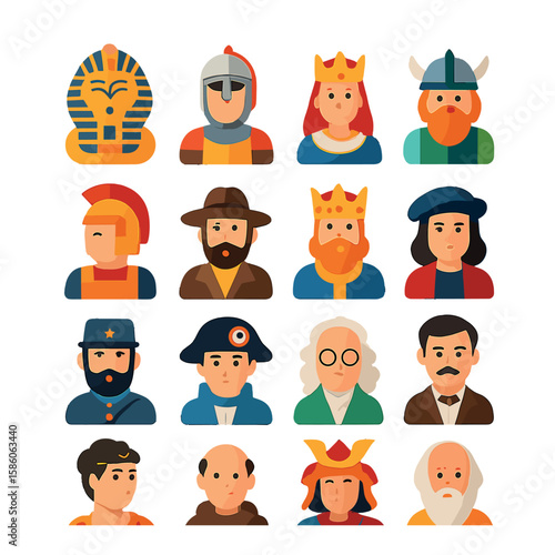 historical figures modern flat style.bust of pharaoh,knight,queen,viking,roman soldier,explorer,medieval king,renaissance artist,civil war soldier,revolutionary