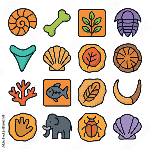 fossil types modern flat style.ammonite,dinosaur bone,plant fossil,trilobite,shark tooth,bivalve,fossilized leaf,petrified wood,coral,fish fossil,bird feather