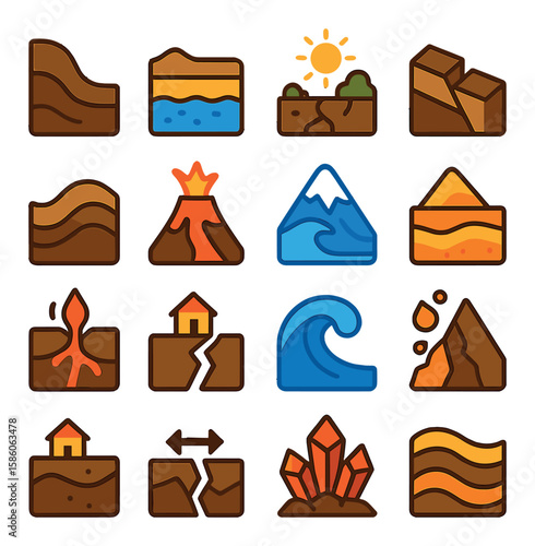 geological processes modern flat style.erosion,sedimentation,weathering,faulting,folding,volcanism,glaciation,deposition,magma