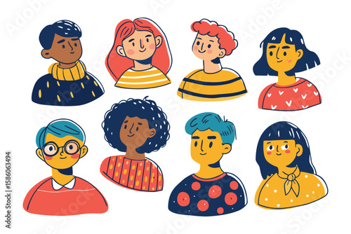 Diverse Faces: A vibrant and colorful illustration showcases a diverse collection of smiling faces, celebrating individuality and the beauty of human variety.