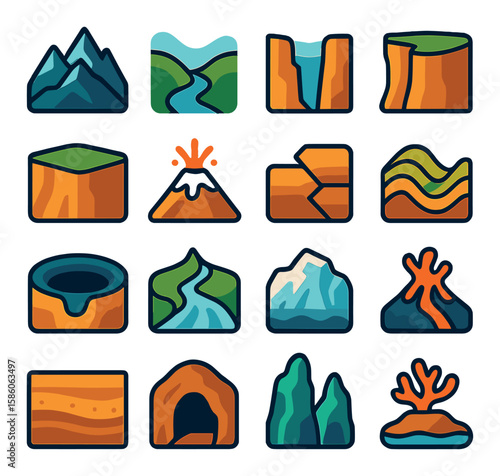 geological formations modern flat style.mountain range,valley,canyon,cliff,plateau,volcano,fault line,folded strata,sinkhole,river delta,glacier,lava flow,sediment layers