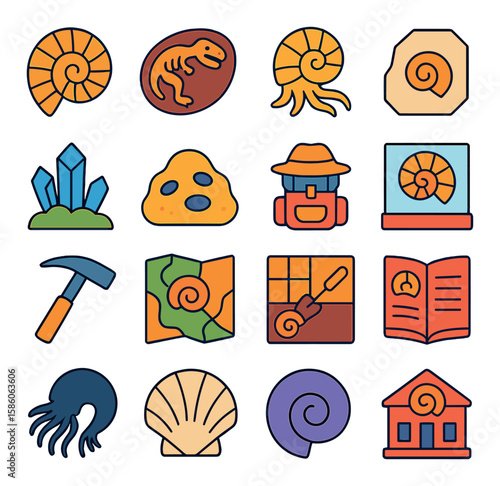 ammonite related objects modern flat style.fossilized shell,dinosaur fossil,prehistoric creature,stone fragment,crystal cluster,mineral deposit,paleontologist gear,fossil
