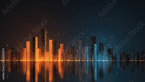 Digital city skyline at night, orange and blue lights, abstract, futuristic