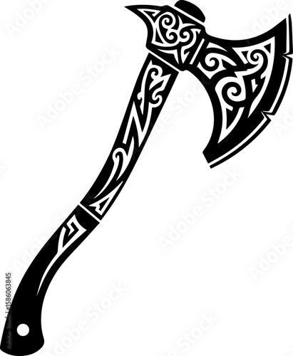 Intricate black tribal axe design with ornate scrollwork and sharp blade