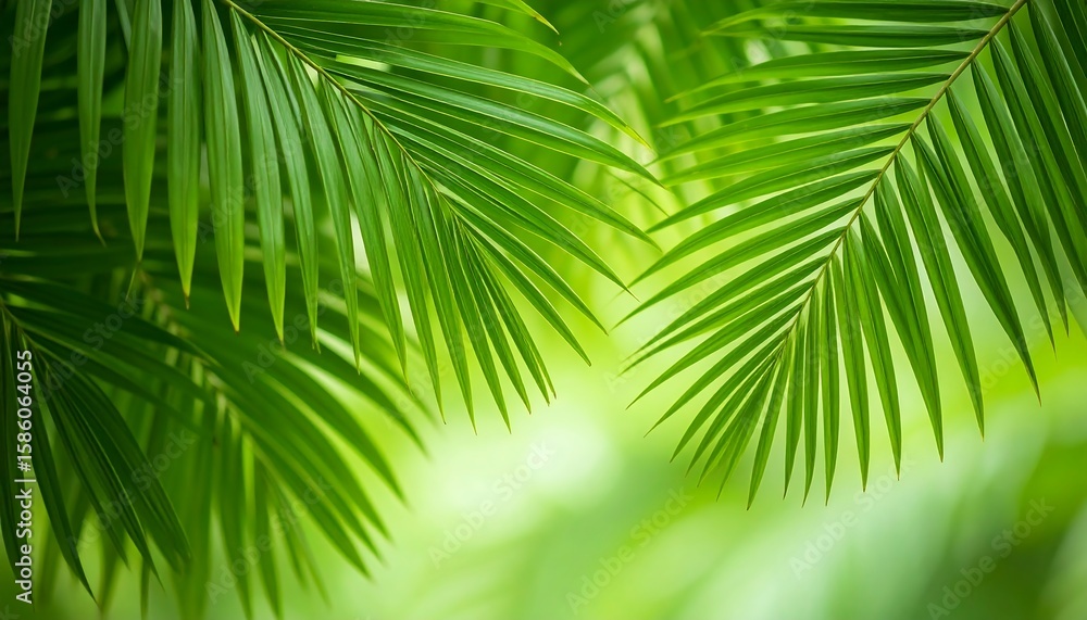 Obraz premium Close-up of vibrant green palm fronds, brightly lit, soft focus background