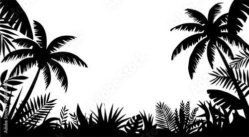 Palm tree black silhouettes border, frame. Monochrome hand drawn vector illustration isolated on transparent background.	
