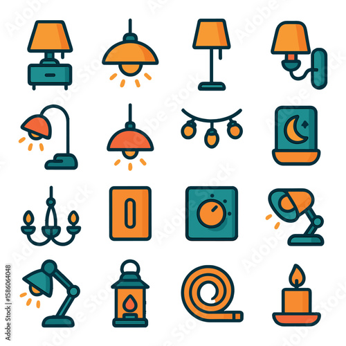 bedroom lighting fixtures modern flat style. bedside lamp, ceiling light, floor lamp, wall sconce, reading light, pendant lamp, fairy lights, night light, chandelier