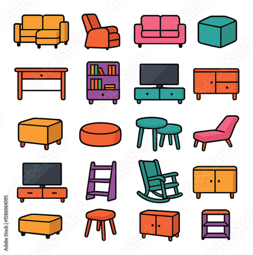 living room furniture pieces modern flat style. sectional sofa, recliner, loveseat, pouf, console table, bookshelf, TV cabinet, sideboard, ottoman, floor cushion, nesting