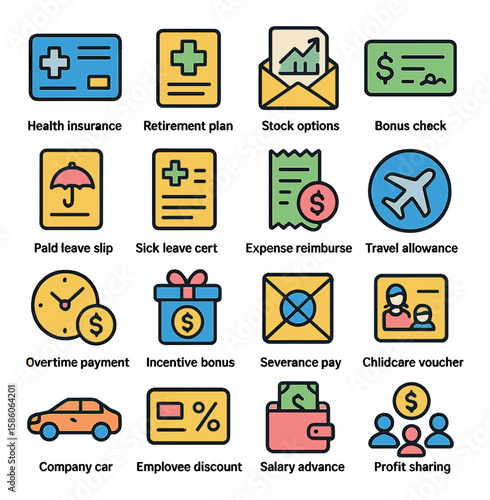 salary benefits and compensations modern flat style. health insurance card, retirement plan, stock options, bonus check, paid leave slip, sick leave certificate, expense