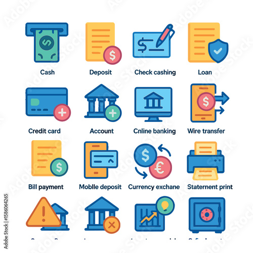 bank services and transactions modern flat style. cash withdrawal, deposit slip, check cashing, loan application, credit card issuance, account opening, online banking