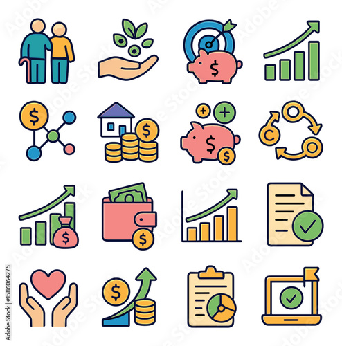 financial growth and goals modern flat style. retirement planning, wealth management, savings goal, investment growth, income diversification, passive income, compound