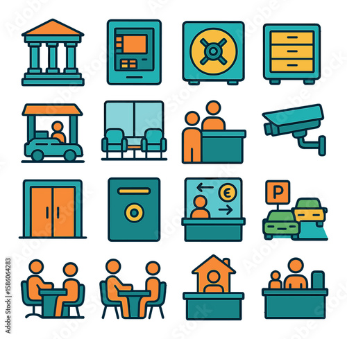 bank buildings and branches modern flat style. bank facade, ATM, vault, safe deposit box, drive-thru teller, lobby, teller window, security camera, entrance door, night