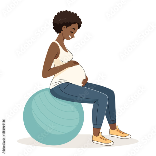 A pregnant woman sitting on a yoga ball practicing calm and mindful posture for healthy maternity.