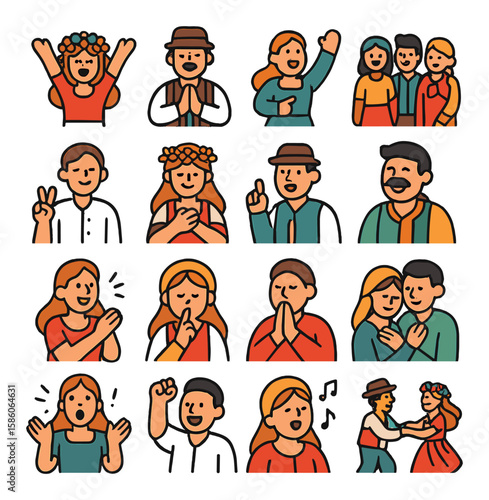 folklore festivals emotions and interactions modern flat style. joy, reverence, excitement, community, peace, gratitude, storytelling, laughter, applause, quiet