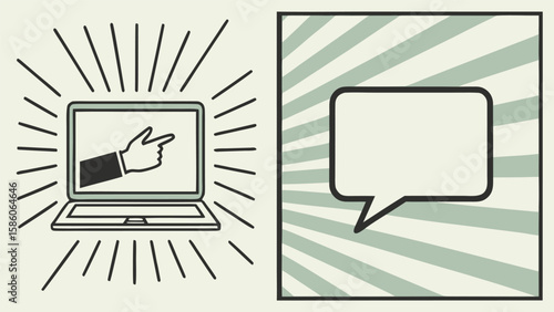 Hand pointing at laptop screen with radiating lines next to a blank speech bubble
