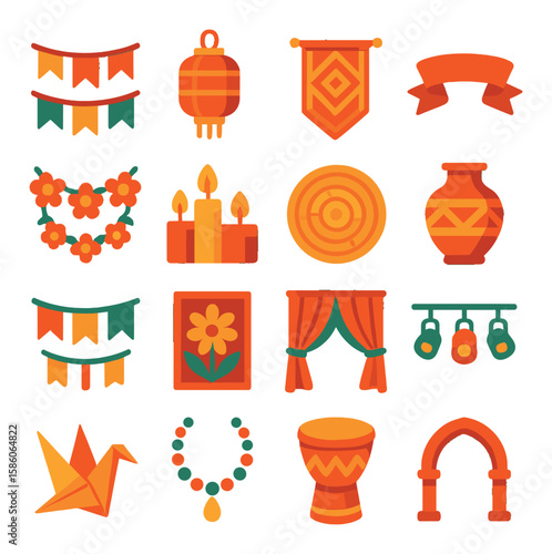 cultural gatherings decorations modern flat style. banners, lanterns, tapestries, ribbons, floral garlands, candles, woven mats, pottery, flags, murals, drapes, stage