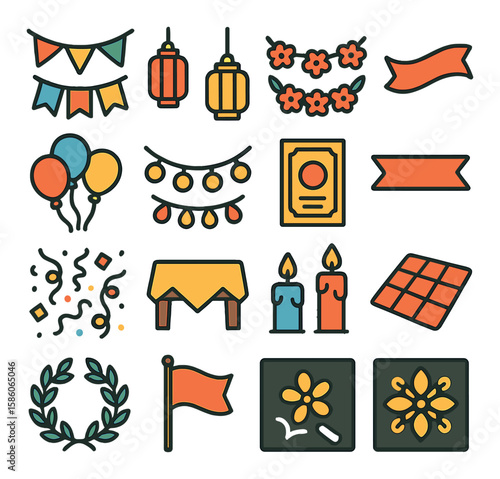 town events decorations modern flat style. bunting flags, lanterns, flower garlands, ribbons, balloons, string lights, posters, banners, confetti, tablecloths, candles