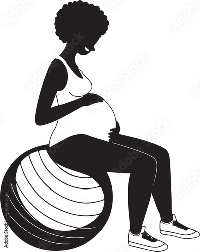 Illustration of an expectant mother doing exercise on a gym ball promoting prenatal fitness and balance.