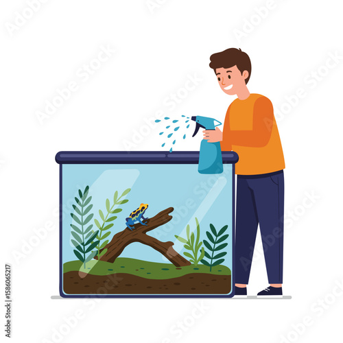 Caring for an exotic pet at home: spraying water from a spray bottle on a poison dart frog terrarium with green plants and driftwood.