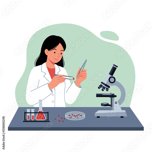 A female breeder sorts berry seeds in a laboratory using test tubes and a microscope.