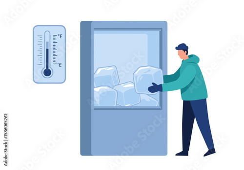Man placing ice cubes into a freezer with a thermometer indicating temperature - Concept of flat vector illustration  