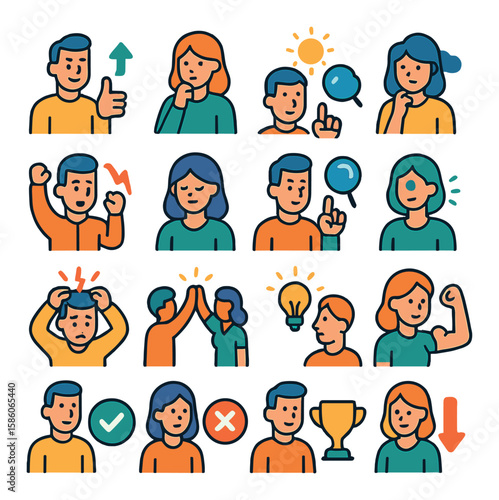 market analysis emotions and decisions modern flat style. confidence, caution, optimism, skepticism, frustration, excitement, patience, determination, curiosity, clarity