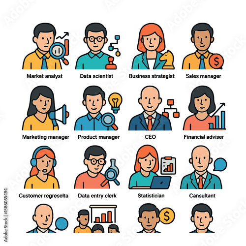 market analysis participants modern flat style. market analyst, data scientist, business strategist, sales manager, marketing manager, product manager, CEO, financial