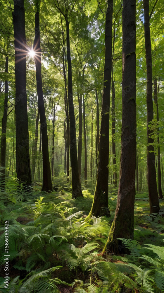 Obraz premium Photo of sunlight streams through the trees in a lush green forest