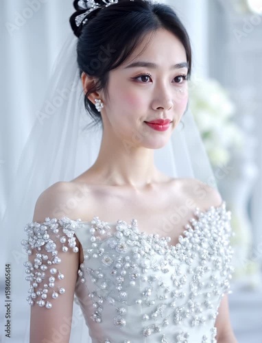 Asian bride wearing exquisite beaded wedding dress, radiating elegance and charm in a romantic atmosphere filled with soft lighting and delicate floral arrangements