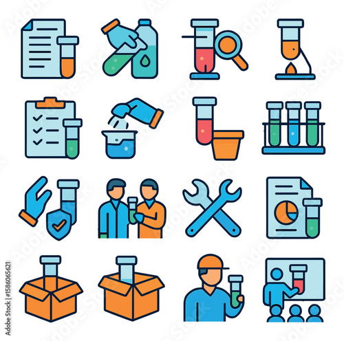 test tube workflow in lab modern flat style. sample receipt, reagent preparation, testing, analysis, documentation, cleaning, disposal, restocking, safety checks
