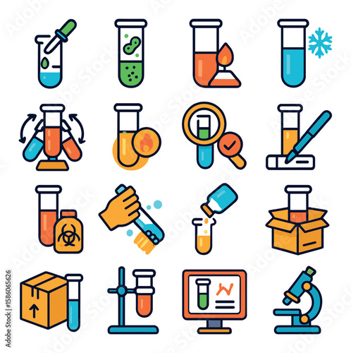 test tube lab processes modern flat style. preparing solutions, culturing microbes, heating liquids, cooling mixtures, centrifuging samples, sterilizing tubes, quality