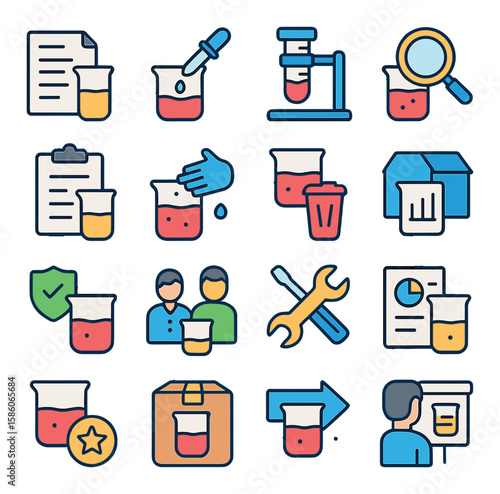 beaker workflow in lab modern flat style. sample receipt, reagent preparation, testing, analysis, documentation, cleaning, disposal, restocking, safety checks